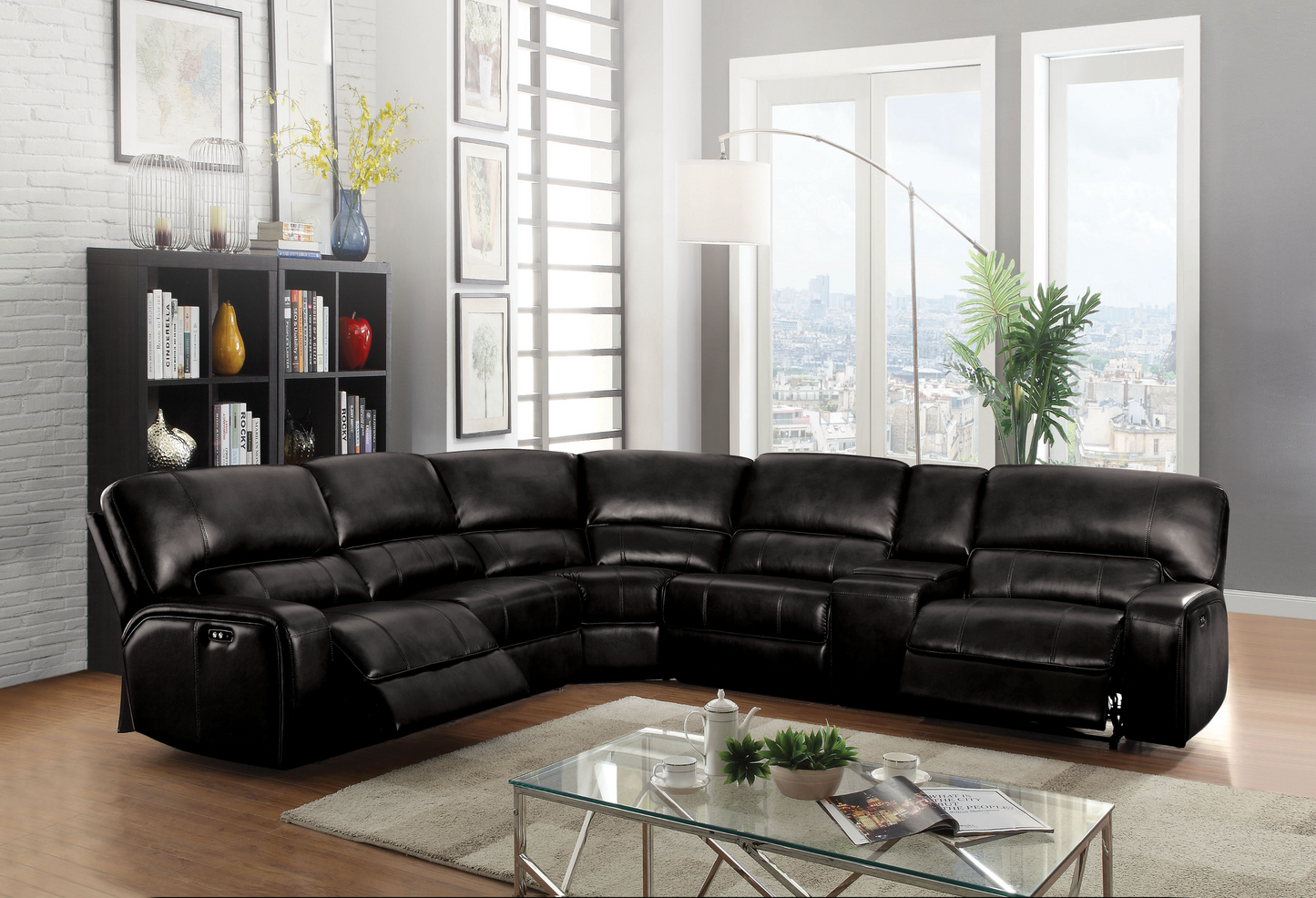 Black Leather-Aire Saul Power Sectional